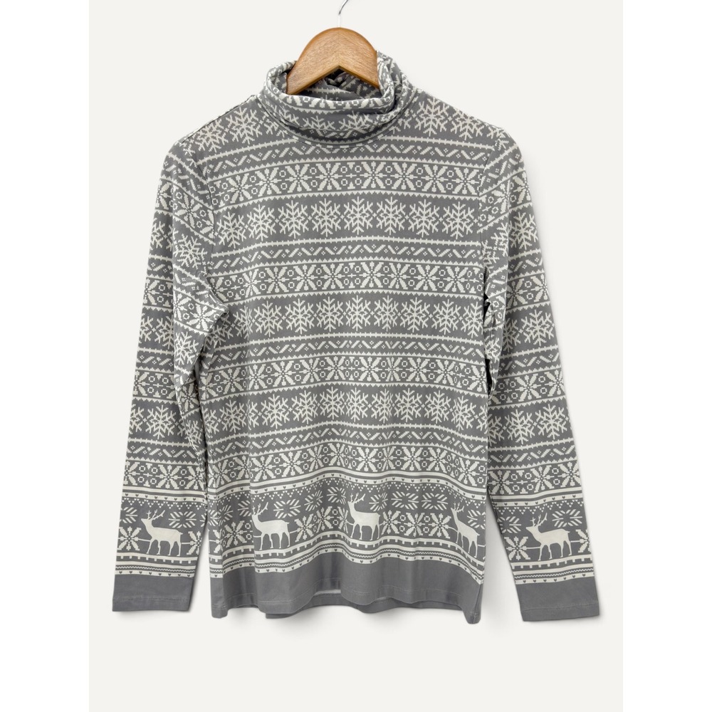 Talbots NWT Cotton Turtleneck Top Gray Fair Isle Reindeer Snowflake Nordic